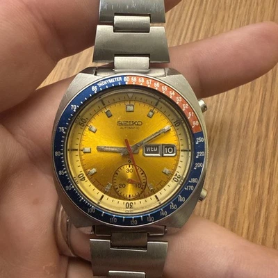 Seiko 6139-6005 Pogue Cronógrafo Original Esfera Amarilla Buen Estado de Funcionamiento Foto 1 de 4
