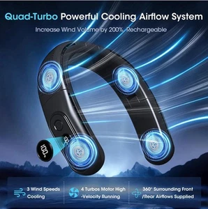 Rechargeable 4 Turbo 6000mAh Portable Neck Fan - 360 Airflow 3 Speeds-Black - Picture 1 of 7