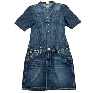 True Religion Denim Dress Sz 12 Horseshoe Pockets Logo Patch Y2K Streetwear - Picture 1 of 15