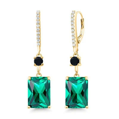 13.74 Ct Green Nano Emerald Black Onyx 18K Yellow Gold Plated Silver Earrings - Image 1 of 4