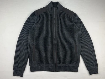 Calvin Klein Men’s Large Full Zip Woven Sweater Gray Ribbed Knit Black Nylon - Image 1 of 4