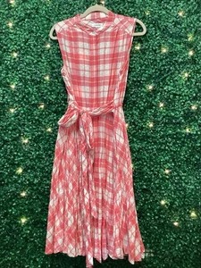 Calvin Klein Sz S Full Button Sleeveless Pink Gingham Dress Pockets Flare Flowy - Picture 1 of 3
