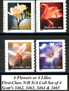 4 Flowers Lilies First-Class Coil Set of 4 MNH Scott's 3462 3463 3464 & 3465 - Picture 1 of 2