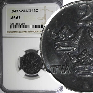 SWEDEN Gustaf V Iron 1948 2 Ore NGC MS62 KM# 811 (088) - Picture 1 of 5