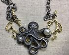 Octopus On Coral Necklace- Fun  Nautical Necklace, 16” Chain, Silver & Gold Tone