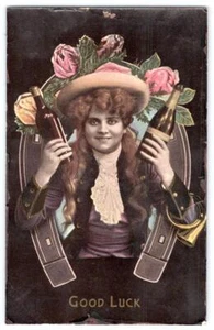 1908 era GOOD LUCK HORSESHOE PRETTY WOMAN CHAMPAGNE BOTTLES EMBOSSED POSTCARD 3 - Picture 1 of 2