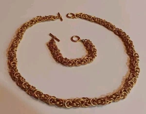 Gold Tone Chain Mail Necklace & Bracelet In Byzantine Weight - Picture 1 of 5