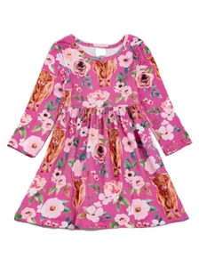 New Girls 10 Highland Cow Dress Long Sleeve Silky Soft Pink Floral - Picture 1 of 4