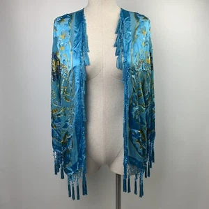 Aria A Silk Beaded Cardigan Open Kimono Blue Gold Floral Tassels - Picture 1 of 9