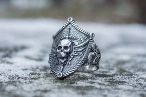 Skull with Shield Ring, Handmade Skeleton Jewelry, Unique Biker's Signet - Picture 1 of 10