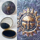 Celestial Sun Compact Round Mirrored Powder Box Purple Green Swirl Patina USA