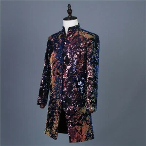 Mens Sequins Longline Jacket Cabaret Carnival Fancy Dress Showman Costume Formal - Picture 1 of 7
