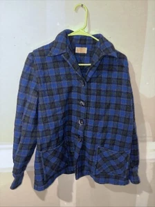 Vtg 1940s 50s Pendleton Blue Plaid Virgin Wool 49er Shirt Jacket Sz L womens - Picture 1 of 8