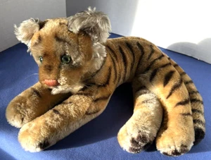Vintage STEIFF LYING TIGER 12" Germany Mohair Gold Eyes 1950s No ID - Picture 1 of 9