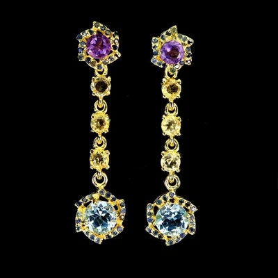 925 Sterling Silver Earrings Round Topaz 7mm Citrine Sapphire Natural Gemstone - Image 1 of 4