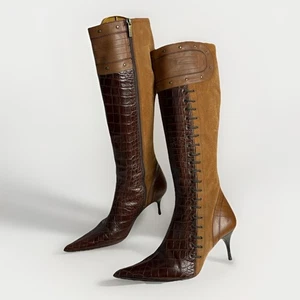 Vintage Avantgarde Just Cavalli Leder Kniehohe Stiefel Braun Kroko Spitz - Bild 1 von 17