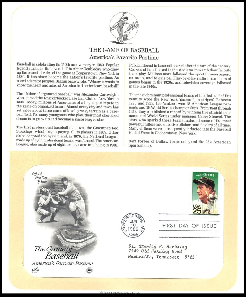 1989 Lou Gehrig Sc 2417 FDC PCS panel, baseball Hall of Fame Yankees Iron Horse - Image 1 of 1