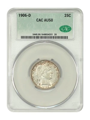 Cuarto de barbero 1906-D 25C CACG AU50 Foto 1 de 4