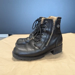 Harley Davidson Motorcycles Lace Up Ankle Boots Black Leather Biker Womens 6.5 - Picture 1 of 9