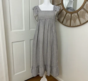 Babydoll Blue Striped Gauze Flowy Cotton Beachy Maxi Ruffle Sleeve Dress Sz S - Picture 1 of 4