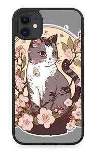 Sakura Anime Katze Gummi Handyhülle Kirschblüten Stil Katzen grau und rosa AC64 - Bild 1 von 2