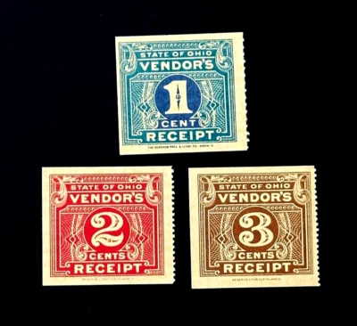 US Stamp Lot - 1939 Ohio Revenue Vendor Receipt 1,2,3c Mint VLH    r34 - Image 1 of 2