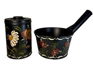 Antique Hand Painted American Tin Toleware Set Cannister & Sauce Pan - Picture 1 of 12