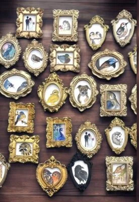 mini paintings & prints of birds & animals, vintage style ornate frame, mini art - Image 1 of 4