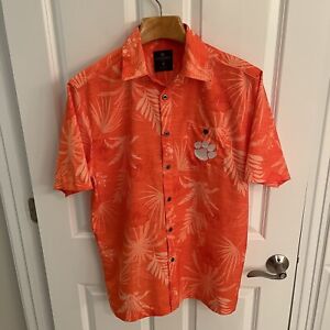 Clemson Tigers Men Medium M Aloha Hawaiian Camp Shirt Orange Floral By Colosseum