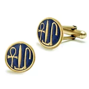 Blue Enamel Cartouche Cufflinks May You Live Be Prosperous and Healthy - Picture 1 of 4