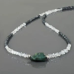 Natural Black Diamond & Herkimer Quartz AAA Emerald Beads Adjustable Necklace - Picture 1 of 5