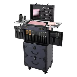 Black Rolling Makeup Case Aluminum Salon Cosmetic Luggage 4 Wheel Organizer - Picture 1 of 23