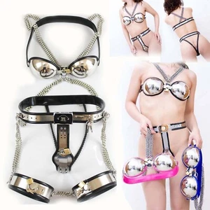 Stainless Steel Chastity Belt Bra Cage Thigh Cuffs Bondage Women Restraint BDSM - Picture 1 of 22