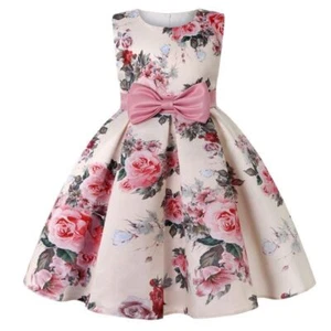 Print Flower Dress For Girls Princess Dress Bowknot Evening Dresses 3-10 Years - Picture 1 of 22