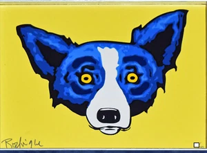 George Rodrigue Blue Dog Ahead Of The Game Yellow Silkscreen Print Signed Art - Picture 1 of 4