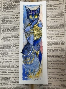 HANDDRAWN BOOKMARK Watercolor Cat Lady Illustration Original Horror Artwork OOAK - Foto 1 di 8
