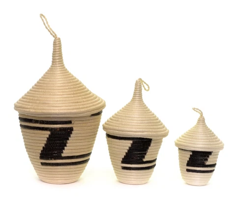 Vintage 3 Sizes Hand Woven Coiled Sea Grass Tribal African Basket Handmade Cover