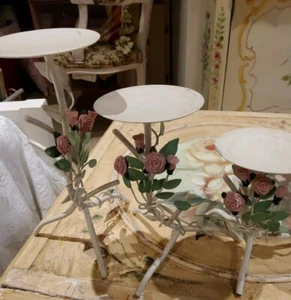  Hand Painted Rose Design Candle Holder Set of 3  Toleware  Metal - Picture 1 of 15