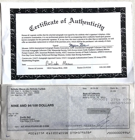 BELINDA CARLISLE   GO-GO's USED SIGNED BANK CHEQUE Cover