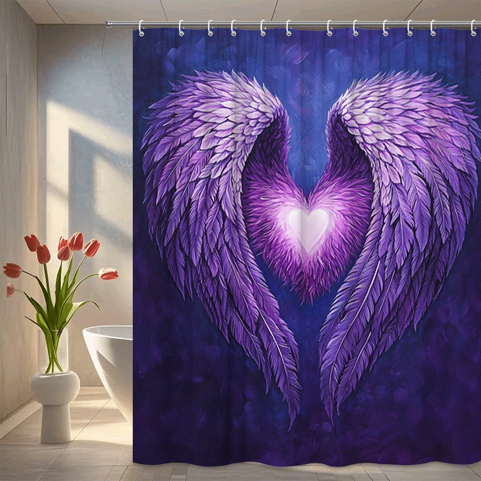 Purple Angel Wings Heart Shower Curtain Spiritual Love Feather Bathroom Decor - Image 1 of 4