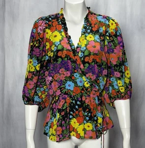 Les Reveries Size XS Puff Sleeve Silk Wrap Top Ruffled Floral Print Silk Blouse - Picture 1 of 15