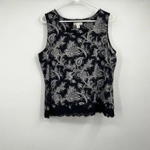 Coldwater Creek Black White Paisley Lace Hem Cotton Layering Tank Top XL - Picture 1 of 11