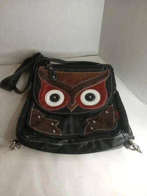 Vtg Unionbay Black/Brown Owl Crossbody/Backpack Purse Soft Faux Leather Studded - Image 1 of 4