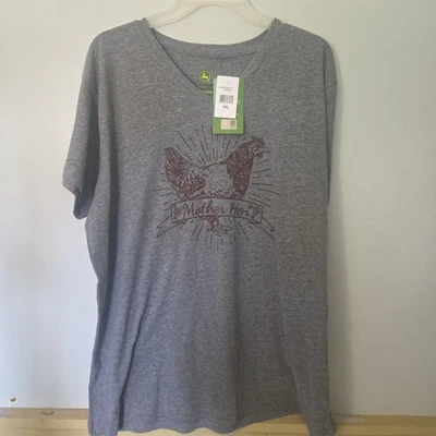 John Deere Womens XXL Gray Mother Hen Short Sleeve V-Neck T-Shirt New Chickens - Image 1 of 4