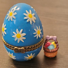 Porcelain Hinged Trinket Box Easter Egg Blue with Daisies and Easter Basket
