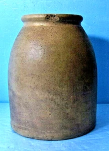 ANTIQUE PRIMITIVE HANDTURNED SALT GLAZE STONEWARE PRESERVE STORAGE JAR 9" T. - Picture 1 of 8