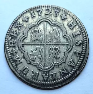 1723 Spanish Seville Silver 2 Reales Early American Pocket Change PISTAREEN COIN - Picture 1 of 2