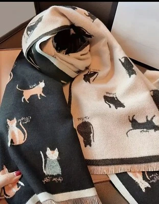 Ladies Top Quality Double Sided Cat Pattern Scarf Wool  Evening Shawl Warm - Image 1 of 4