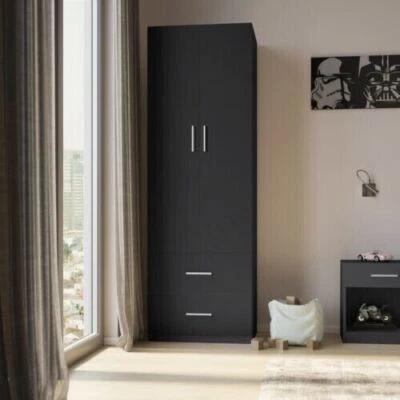 URBNLIVING Black Wooden Orlando 2 Drawer With 2 Door Bedroom Wardrobe Hanging Bar Compact