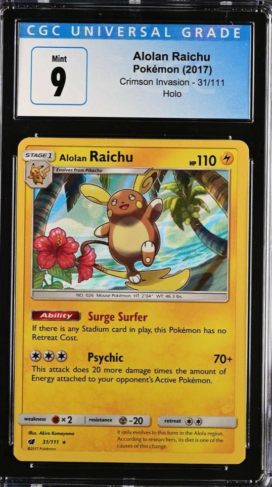 2017 Pokémon Crimson Invasion Alolan Raichu Holo 031/111 CGC 9 - Image 1 of 1